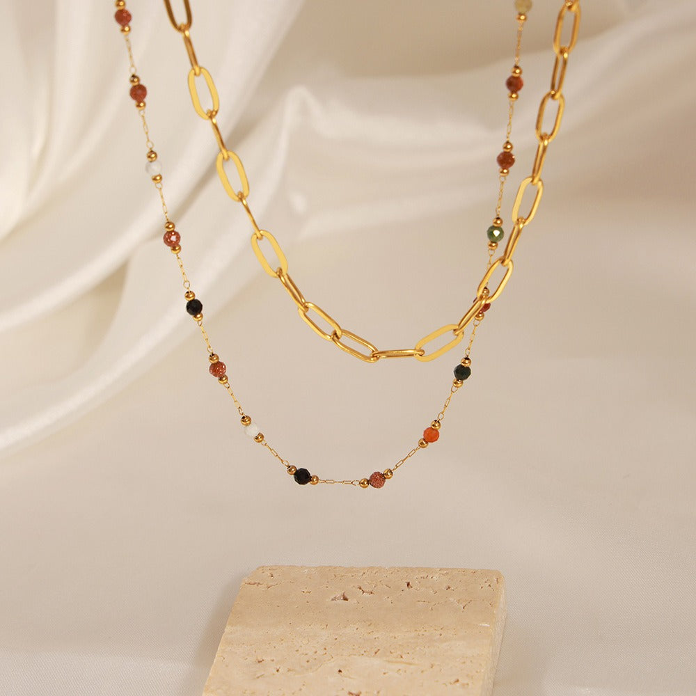18K gold Elegant Stacked Necklace With Gemstone