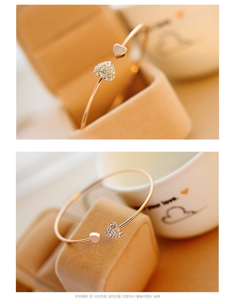 New Fashion Crystal Double Heart Bow Cuff Opening Bracelet