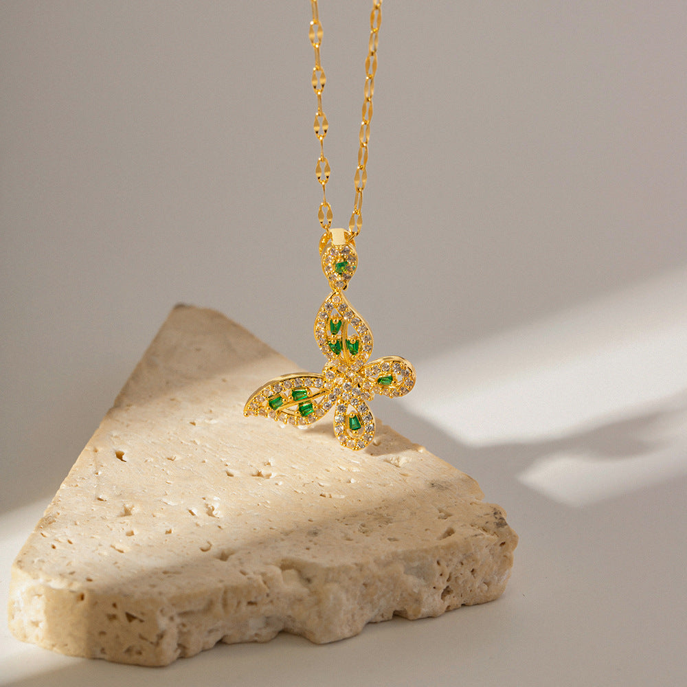 18K Gold Exquisite Dazzling Green Butterfly Necklace