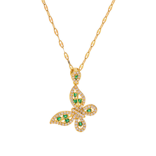 18K Gold Exquisite Dazzling Green Butterfly Necklace