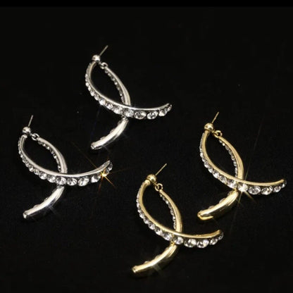 Cross Curved Crystal Diamon Earrings