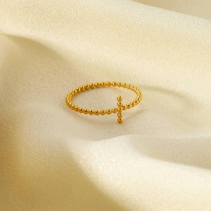 18K Gold Cross Beaded Ring